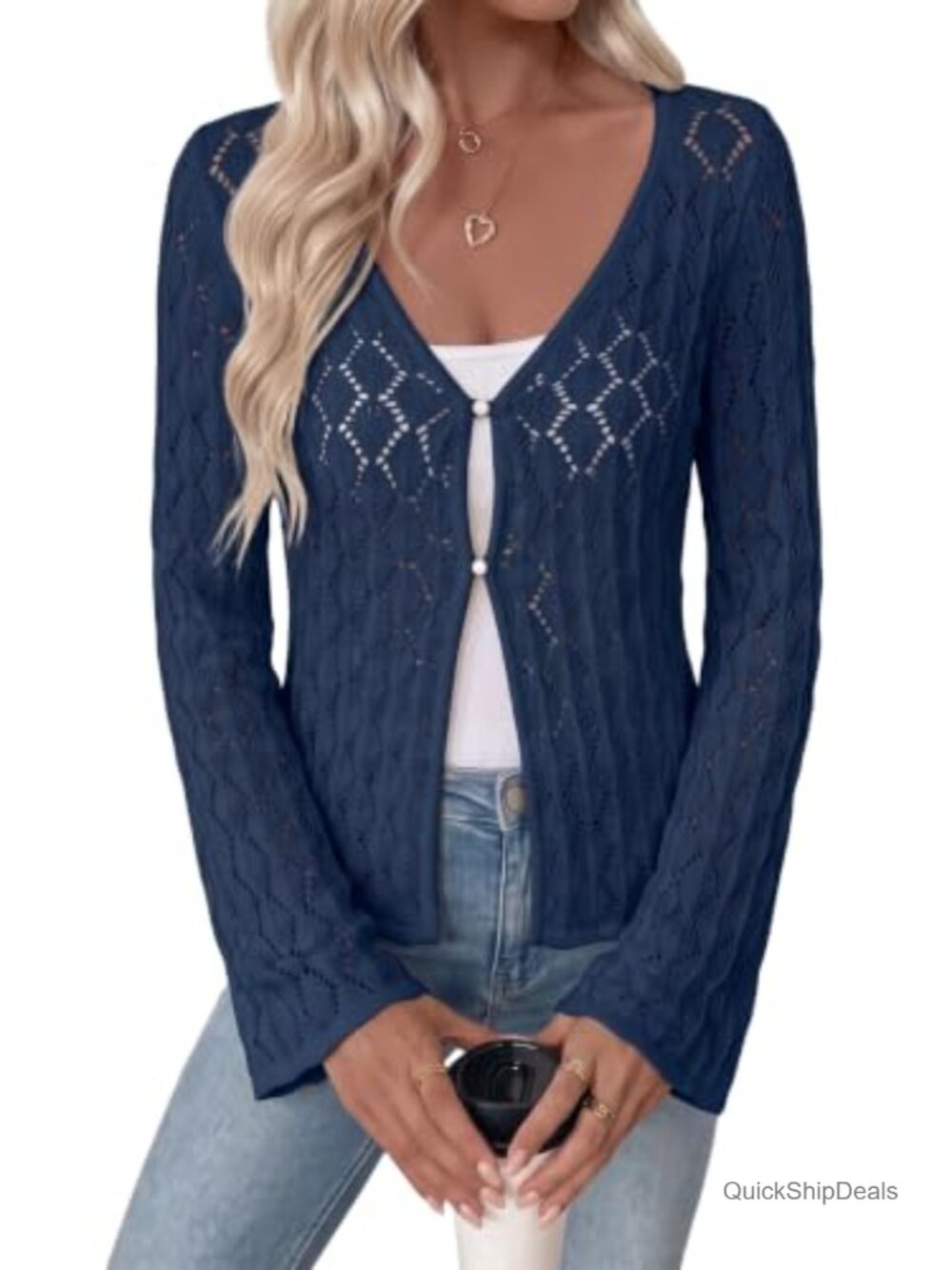 Crochet Knit Cardigan Sweater Open Knit Button Front Long Bell Sleeve Boho